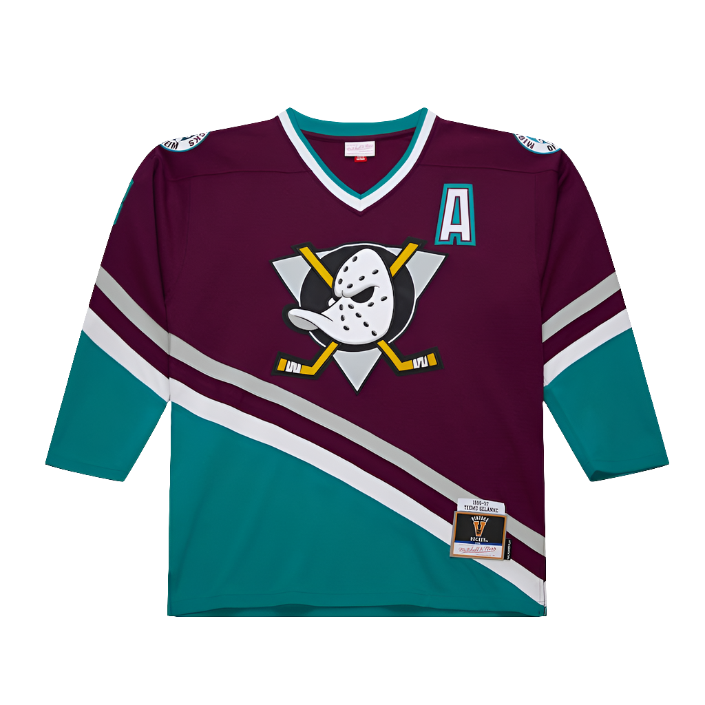 Mighty Ducks of Anaheim 1996 Teemu Selanne Mitchell&Ness NHL BLUE LINE Vintage Hockey Jersey - Mitchell & Ness