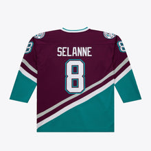 Laden Sie das Bild in den Galerie-Viewer, Mighty Ducks of Anaheim 1996 Teemu Selanne Mitchell&amp;Ness NHL BLUE LINE Vintage Hockey Jersey